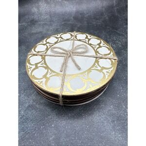 Pottery Barn Drink Coasters Set 4 White & Gold Tile Pattern Cork‎ Bottom Barware